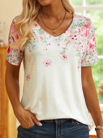 Cotton-Blend Casual V Neck Short Sleeve T-shirt QAW50