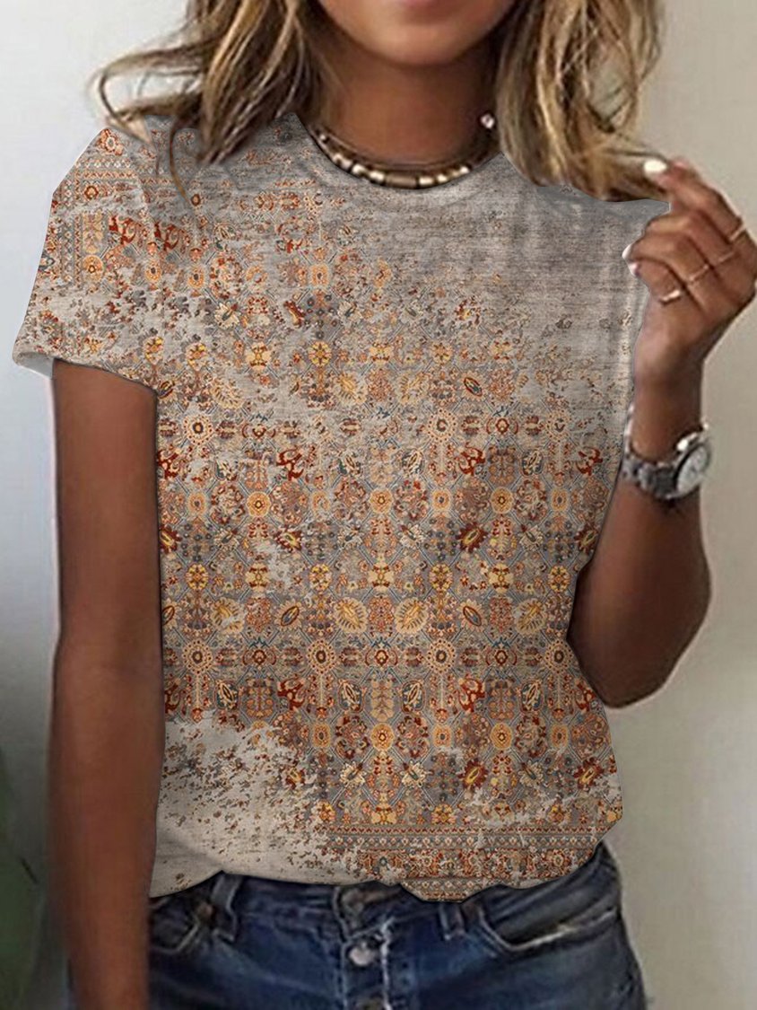 Women's Ethnic Loose Crew Neck Casual T-Shirt AT10076
