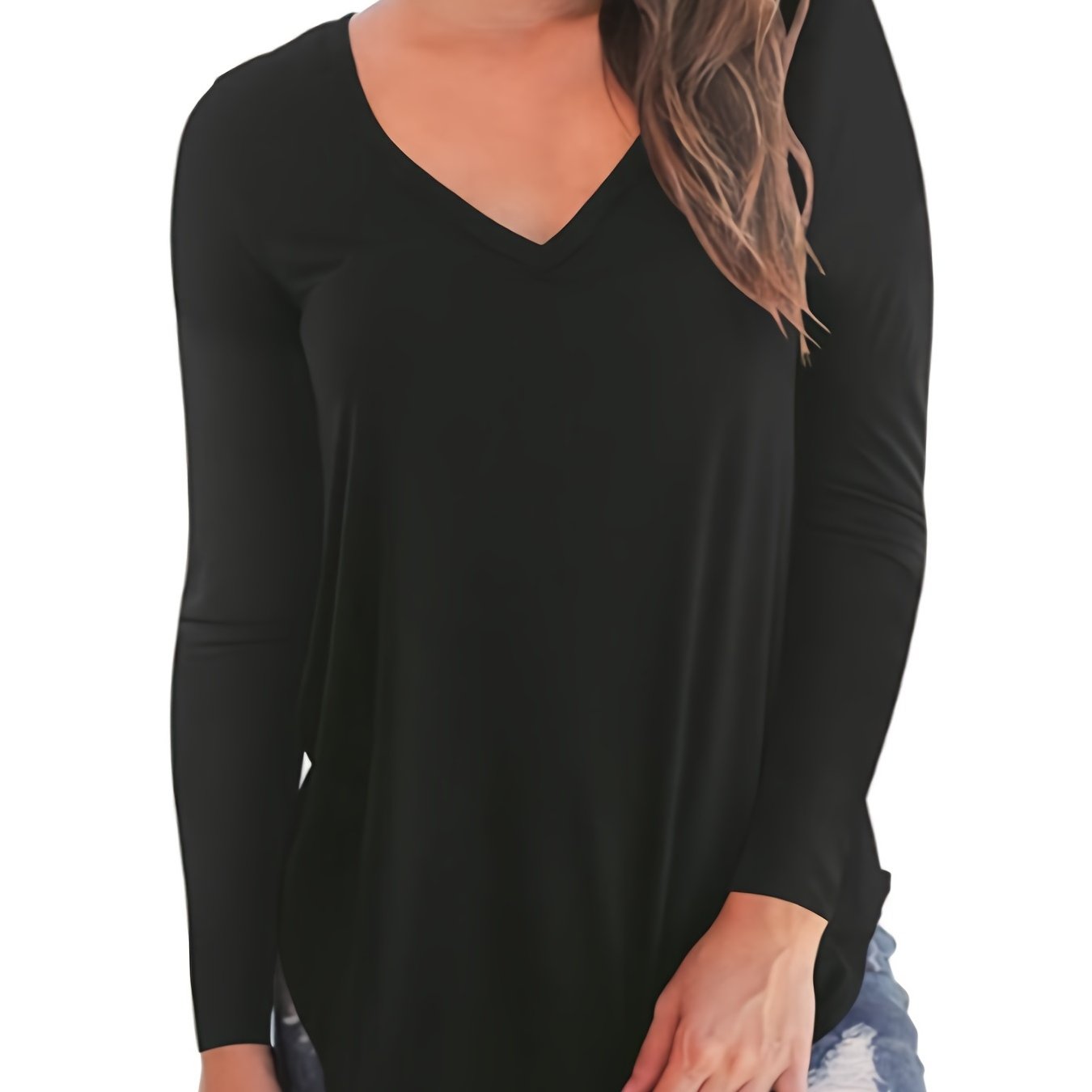 Basic Loose Solid T-Shirt, Casual Long Sleeve V-Neck T-Shirt, Casual Every Day Tops, Women's Clothin RA105