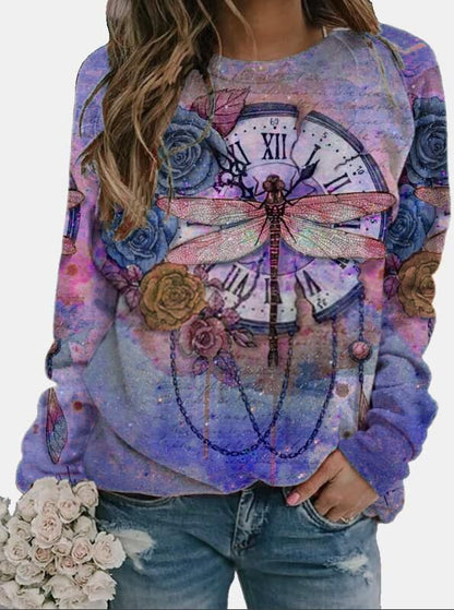 Sweat-shirt ras du cou à manches longues et imprimé floral libellule pour femme QAL20