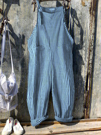 Combinaison pantalon vintage en lin et coton à rayures noires et grises AH016