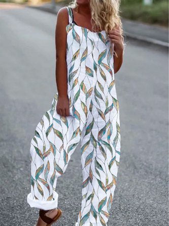 Lässiger Jumpsuit mit losen Blättern und quadratischem Ausschnitt, ärmellos, QAJ1