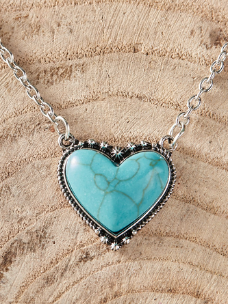 Boho Natural Turquoise Heart Pattern Necklace Sweater Chain Ethnic Vintage Jewelry QAR36