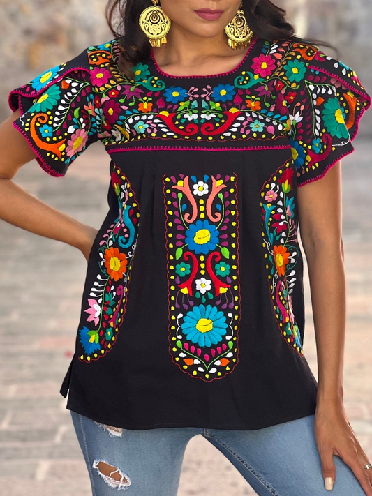 Lockeres ethnisches Hemd mit Blütenblattärmeln UU22