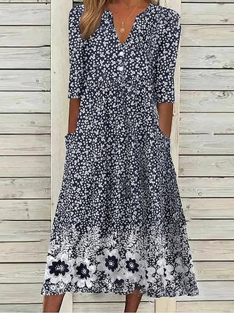 Robe tissée décontractée à manches courtes et à fleurs QAH6