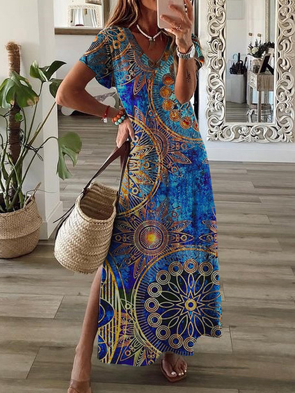 V Neck Tribal Vacation Maxi  Dress   WO64