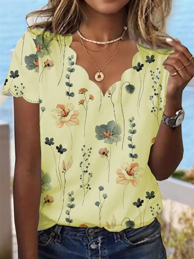 T-Shirt mit Blumenmuster und Muschelkragen für Sommerdesserts cc187