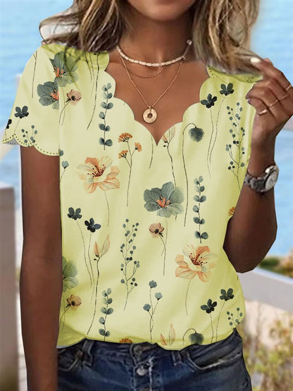 T-shirt à col coquillage et motif floral pour dessert d'été cc187