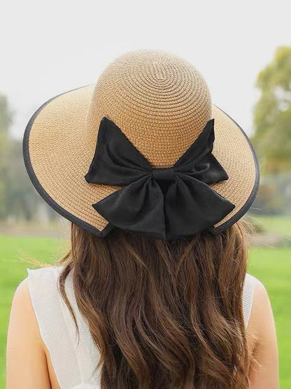 Chapeau de paille décoré avec nœud pour vacances à la plage Boho QAR117