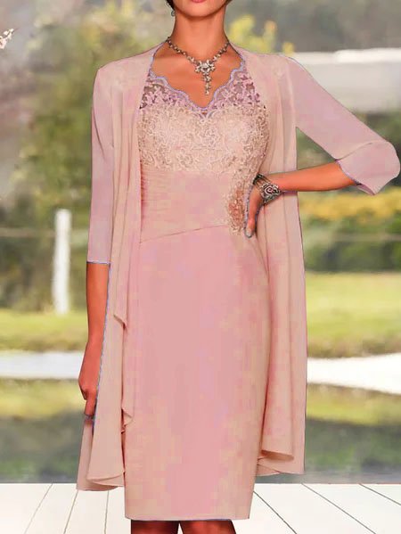 Elegant Plain Lace Stitching Vest Knitted Dress & Cardigan Two-piece Set DK1048