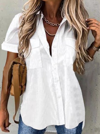 Solid Regular Fit Shirt Collar Short Sleeve Tunic Blouse CZ42