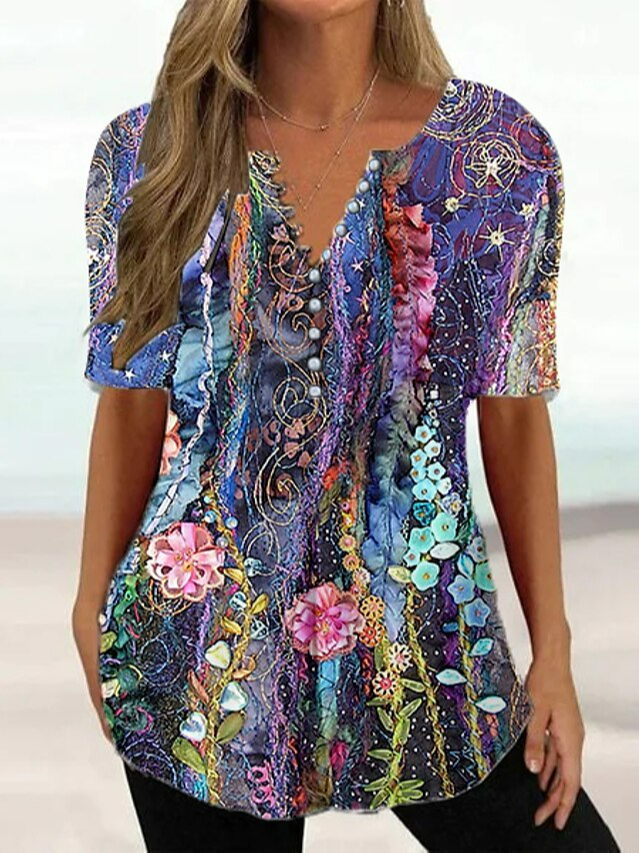 Floral Casual Loose V Neck Shirt  WW66