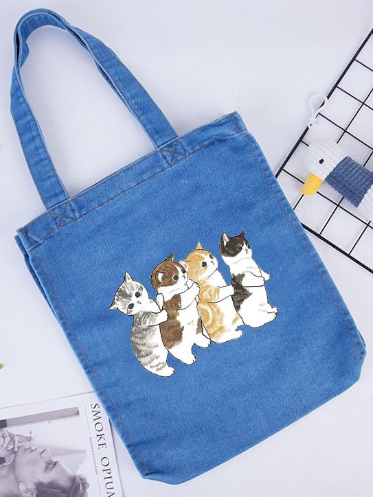 Casual Blue Denim Cat Pattern Tote Shoulder Bag Women YY5