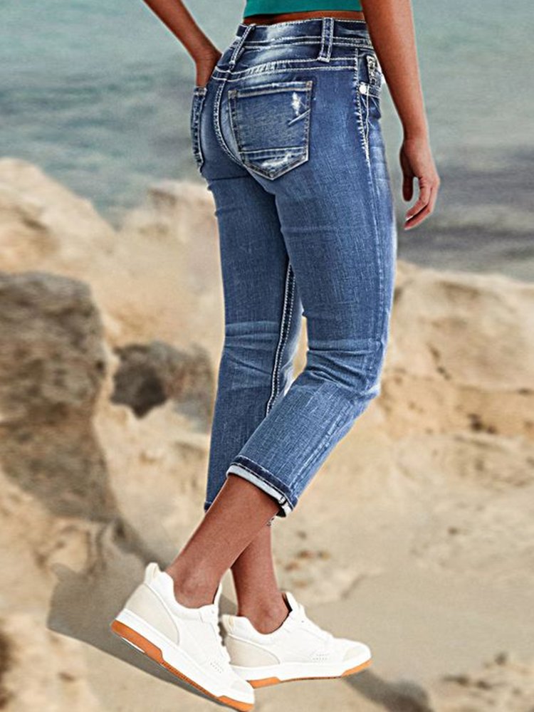 Lockere, lässige Capri-Jeans aus schlichtem Denim mit Rissen, Reißverschluss und mittlerer Taille WX87