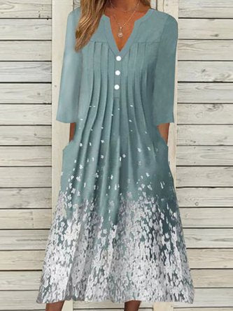 Blumendruck Ombre V-Ausschnitt Kurzarm Plissee Urlaub Midi Kleid QAH29