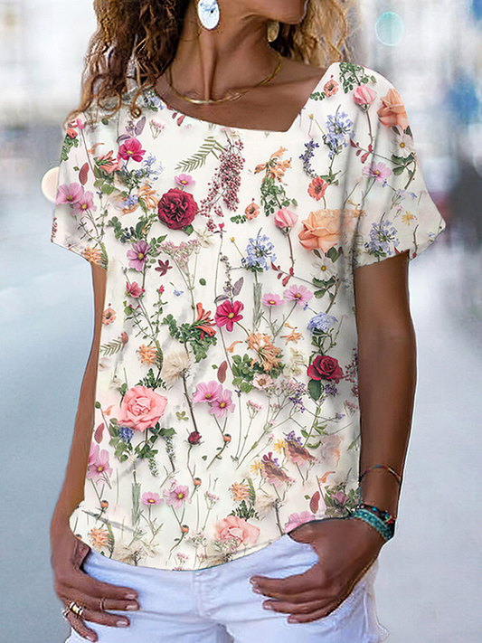 Asymmetrical Loose Floral Casual T-Shirt  FA201