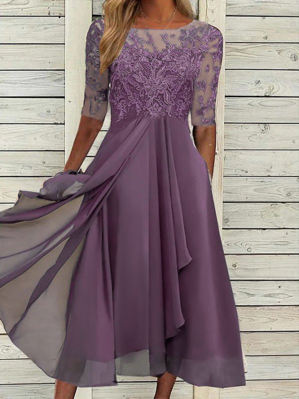 Round Neck Lace Swing Elegant Occasion Formal Midi Prom Dress AD499
