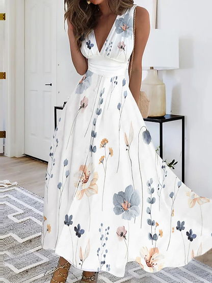 Robe décontractée à col en V et coupe régulière à imprimé floral WL108