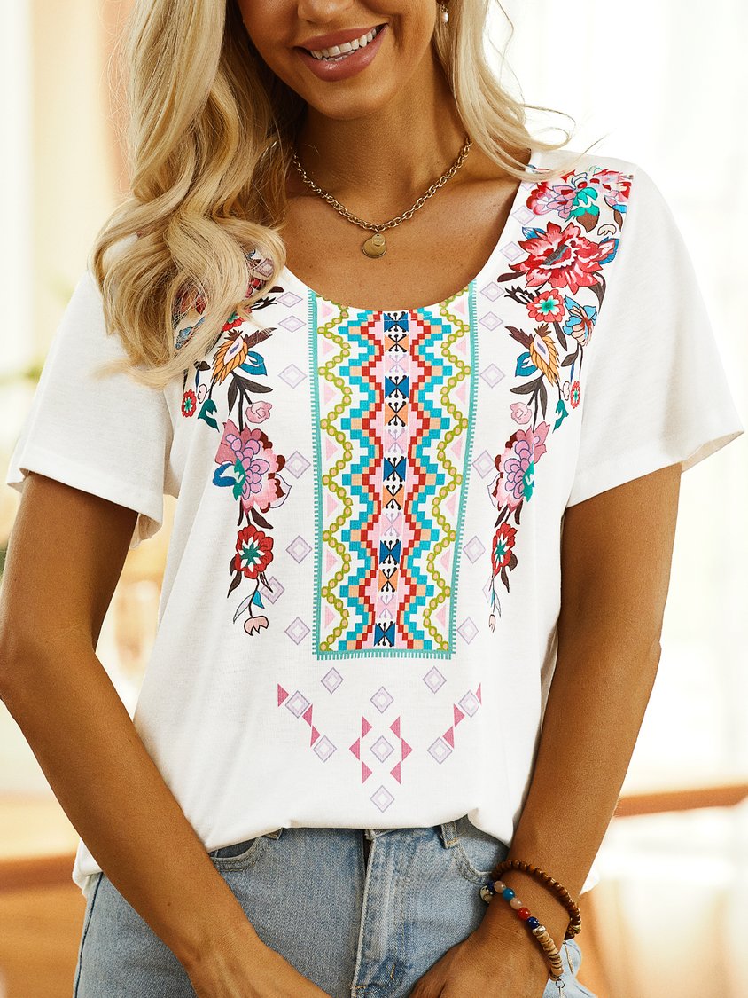 Boho-T-Shirt mit V-Ausschnitt QAW45