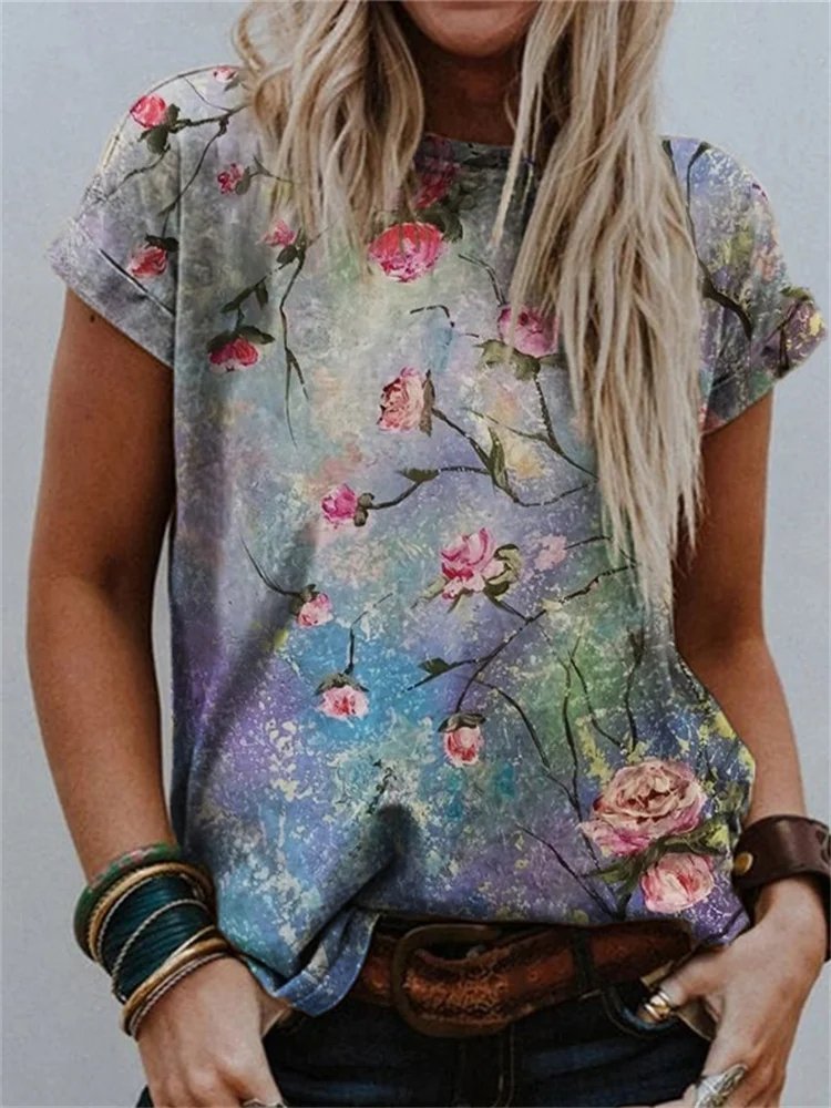 Loose Crew Neck Casual Floral T-Shirt RR12