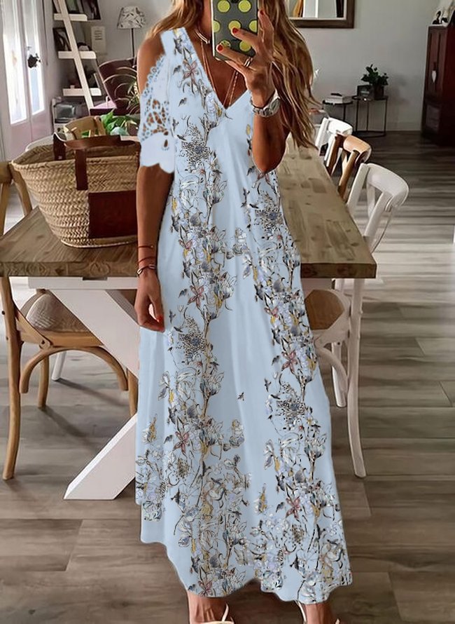 V neck Off Shoulder Butterfly Floral Vacation Maxi Prom Dress AH205