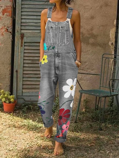 Combinaisons en jean à imprimé floral pour femmes QAJ7