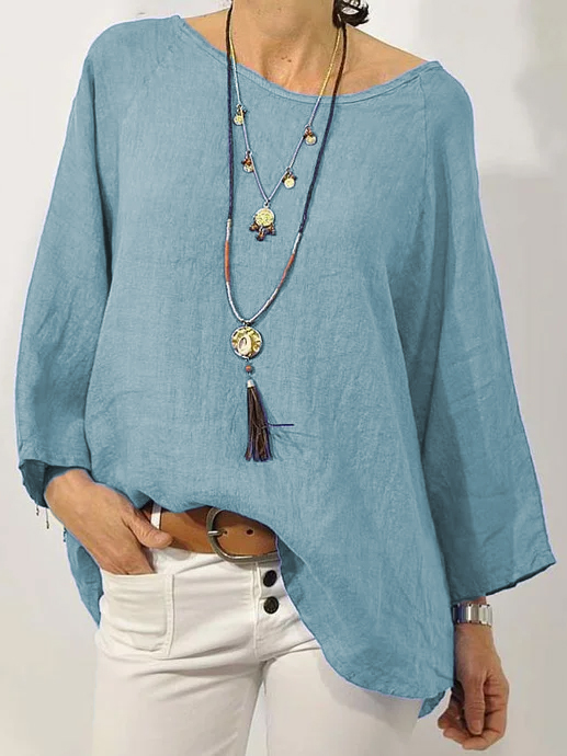 Women Solid Long Sleeve Linen Daily Casual Top CZ32