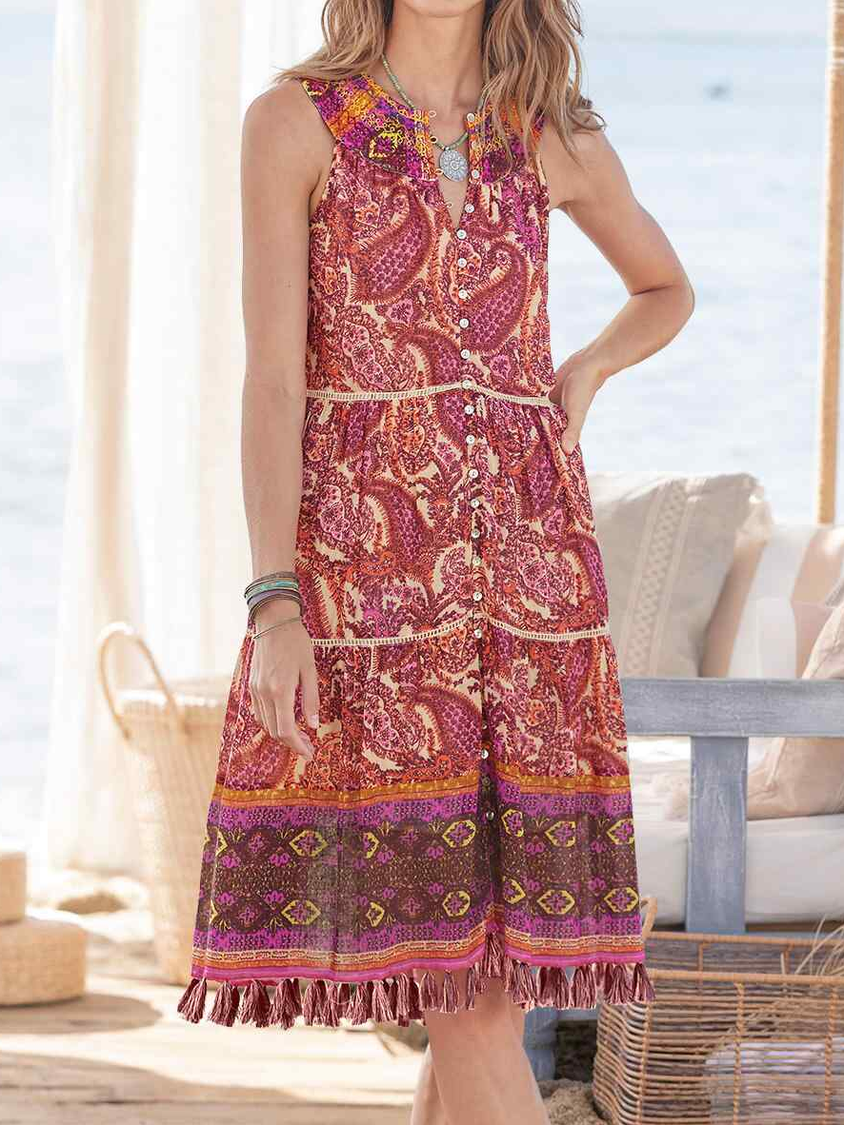 Loose Boho Paisley Notched Dress cc5