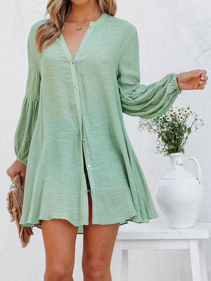 Loose V Neck Lantern Sleeve Urban Dress With No  WE84