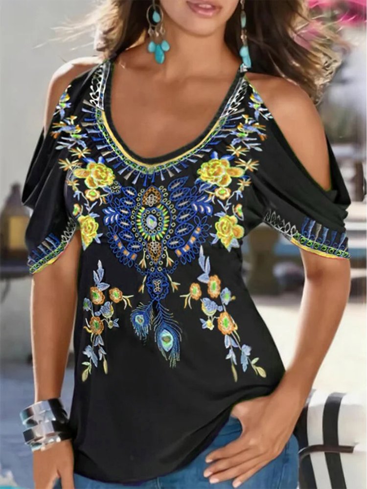 Boho V-Ausschnitt Bedrucktes Kurzarm T-Shirt QH114