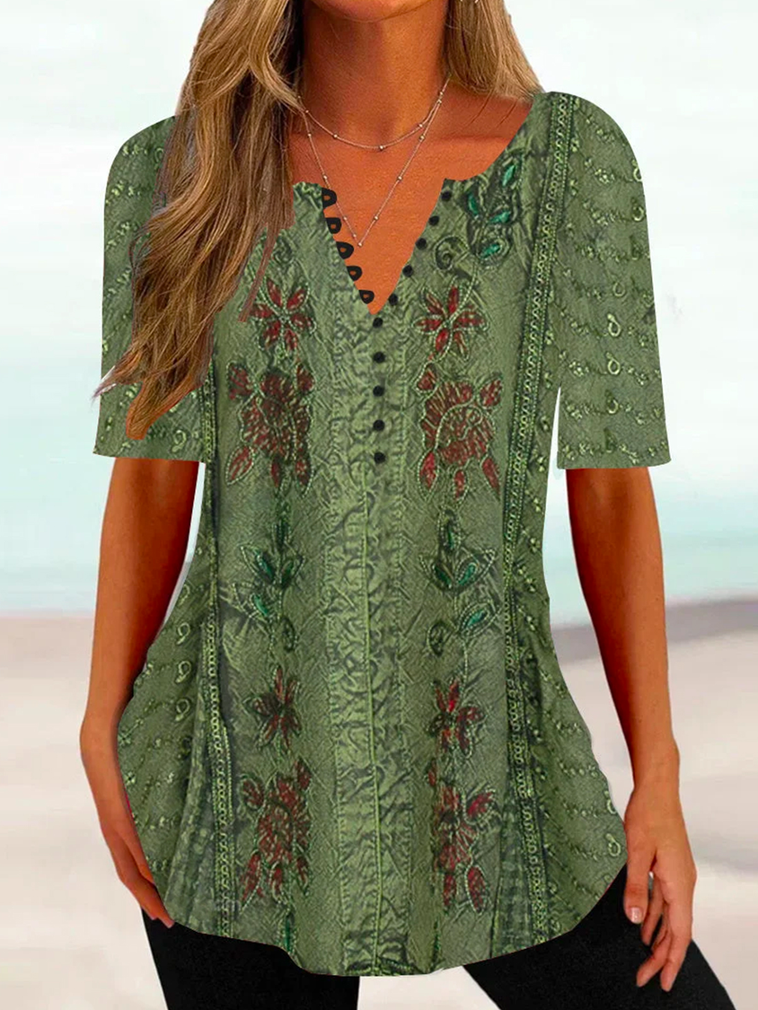 Loose Ethnic V Neck Vacation Shirt ap99