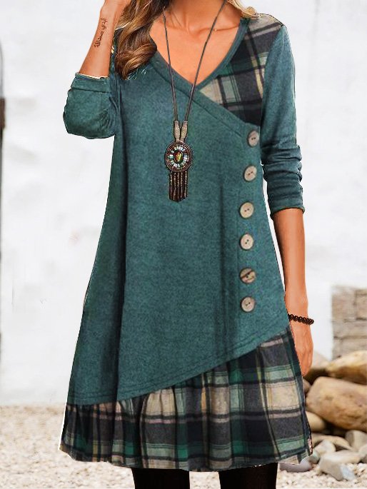 V Neck Geometric Casual Daily Long sleeve A-Line Buttoned Midi Dress  WT118