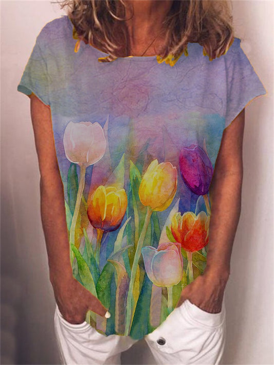 Damen Sommer T-Shirt Top mit Tulpen-Print AA18