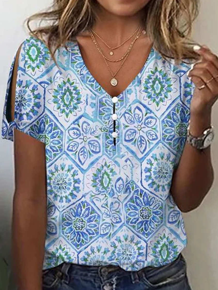 Women's Chic Blue Print Short Sleeve Top AT100149