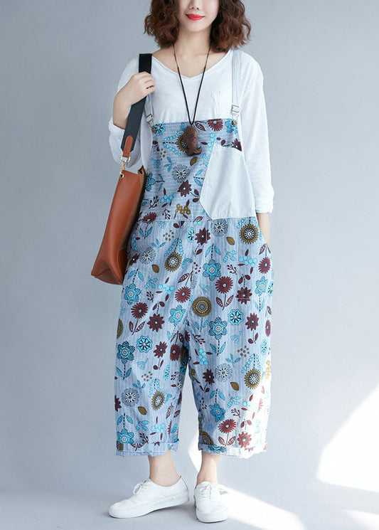 Casual light Grey pockets Patchwork Floral denim Jumpsuits LY3968