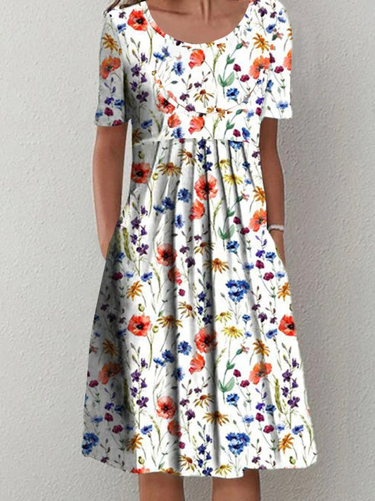 Lässiges, lockeres, kurzärmliges Kleid aus Webstoff mit Blumenmuster AH507