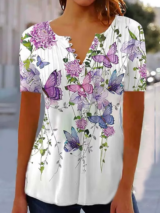 Vacation Floral V Neck Loose T-Shirt  WG114