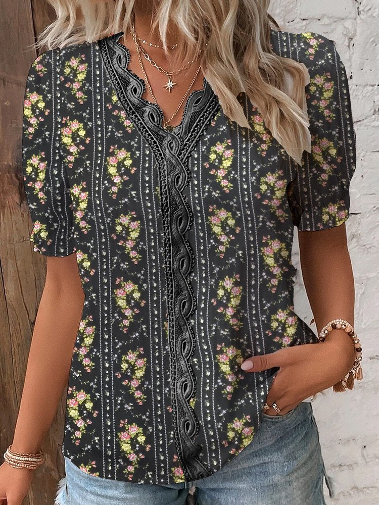 Lace Loose Casual Floral Shirt  WG106