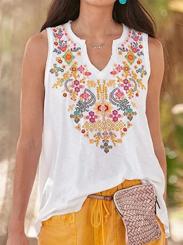 Loose Notched Casual Ethnic Tank Top TH1032