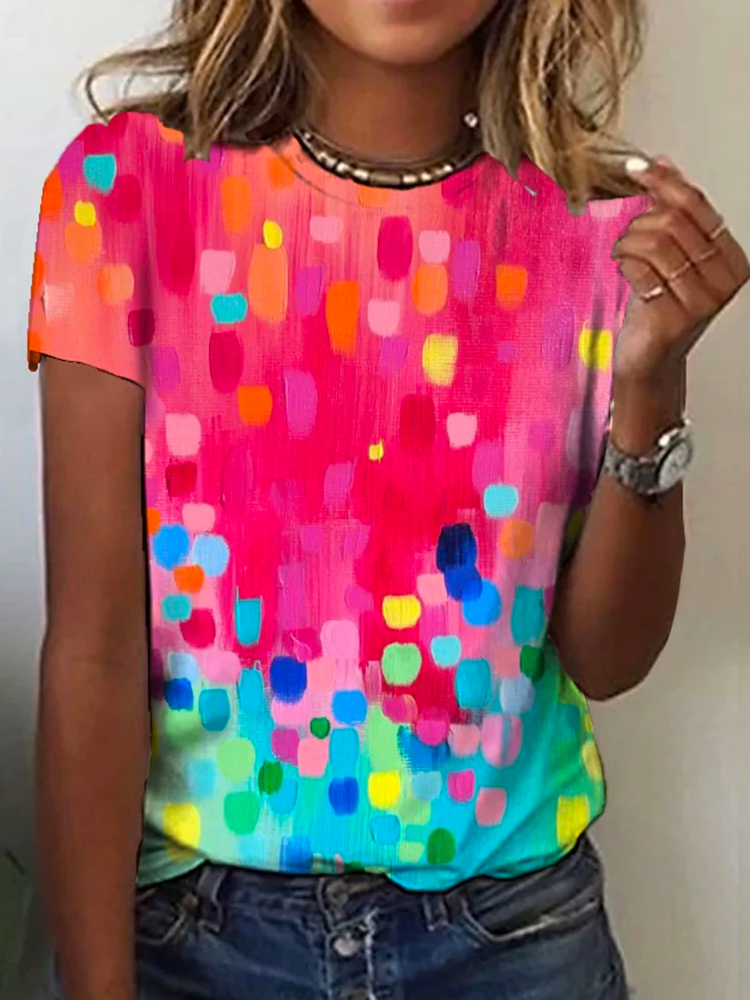 Crew Neck Casual Ombre Loose Rainbow Dot Short Sleeve T-Shirt AH205