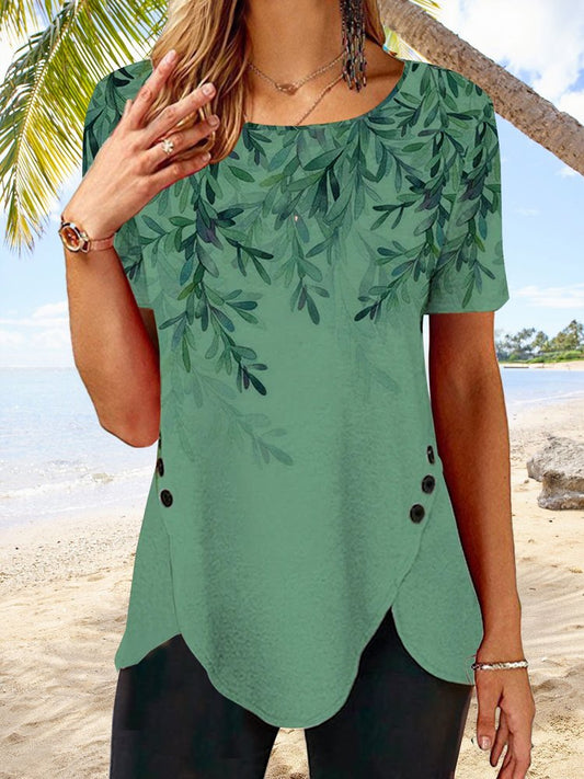 Women Round Neck Short Sleeve Leaf Print Buttoned Holiday Tunic T-Shirt  cc181
