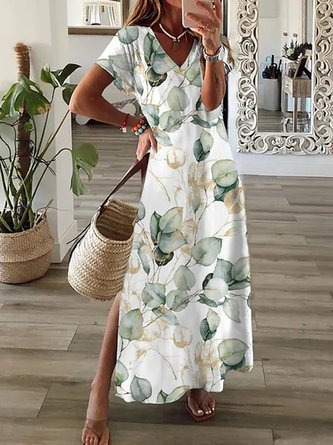 Casual Loose Leaf Printed V Neck Dress NNq17