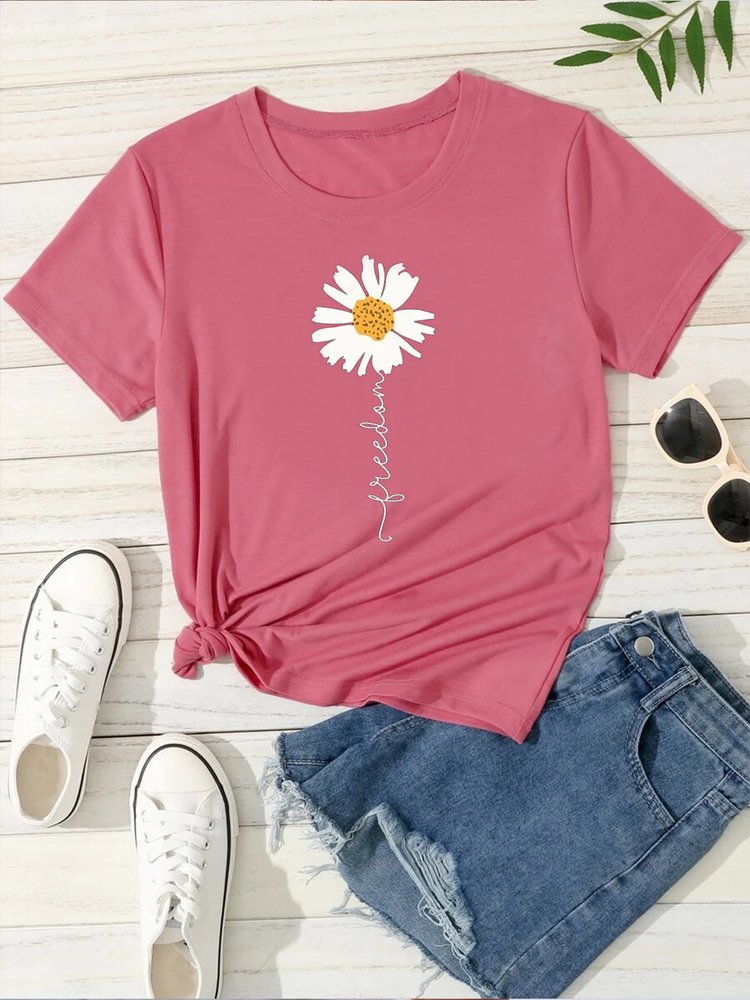 Lockeres T-Shirt mit Rundhalsausschnitt und Blumenmuster für den Urlaub mit Blumen- und Buchstabengrafik cc180