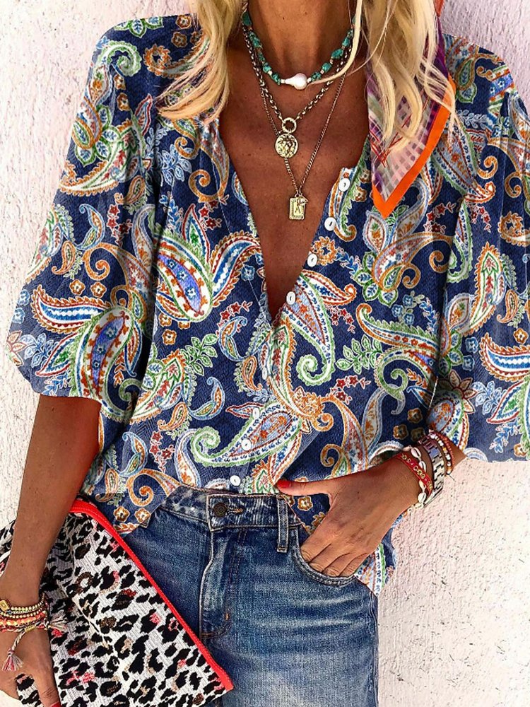 Stand Collar Cashew Flowers Printed Casual Loose Blouse  QX68