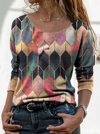 Women's Geometric Printed Roumd Neck Long Sleeve Casual Top MMq39