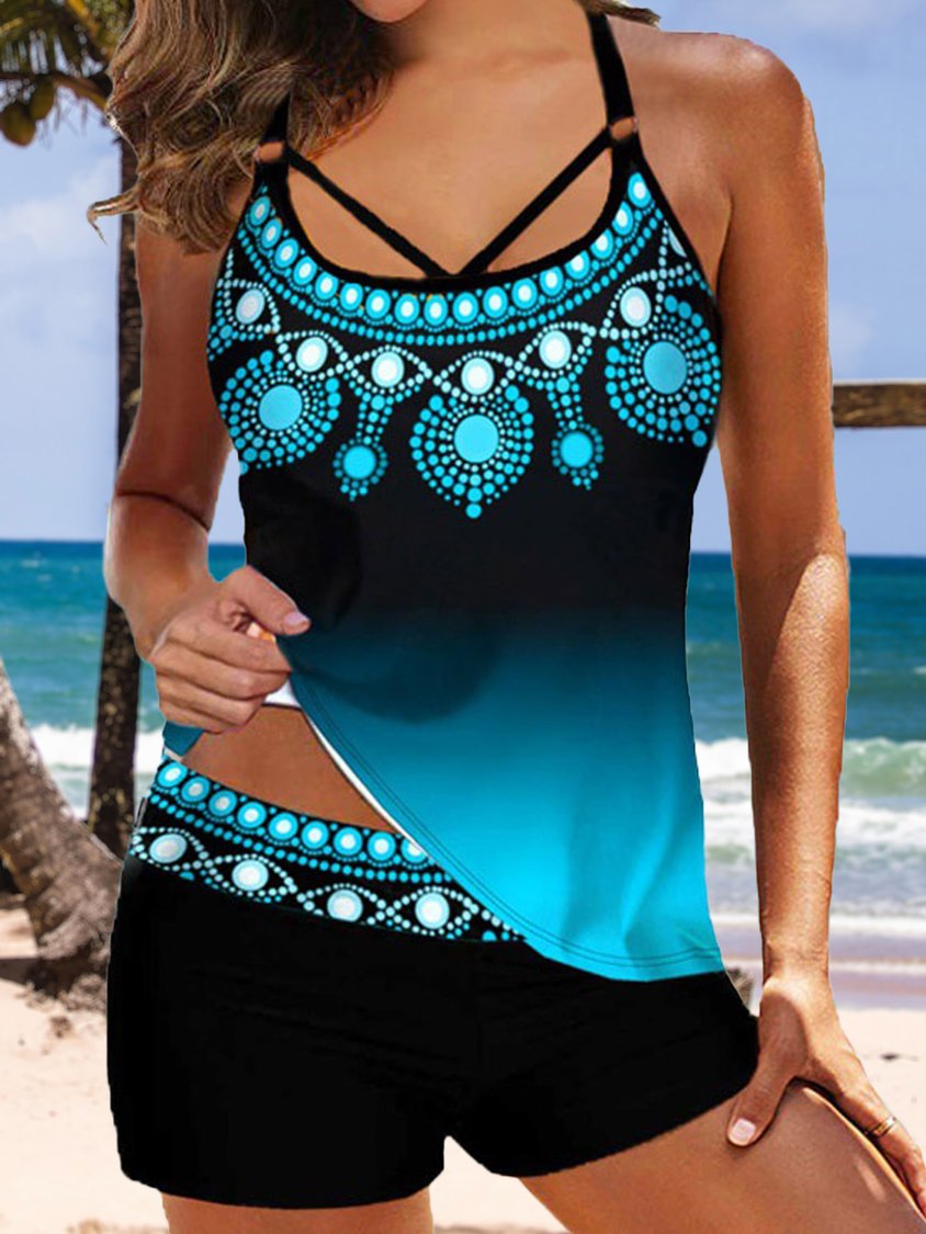 Casual Abstract Printing Scoop Neck Tankini QAP33