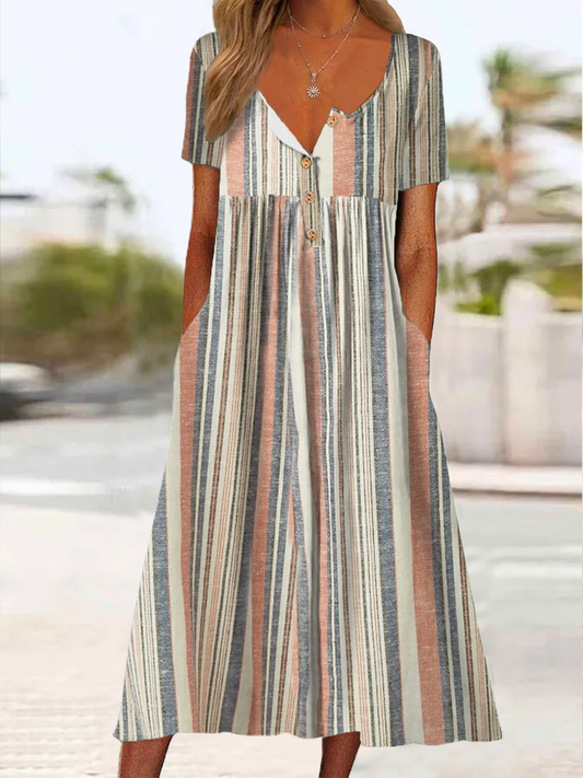 Casual Striped Notched Buttoned Short Sleeve Dress  WT68