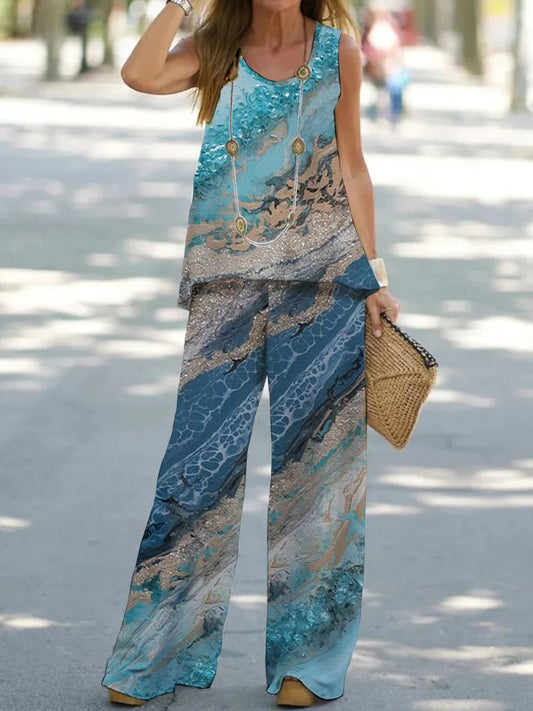 Ensemble deux pièces décontracté à col ras du cou et imprimé abstrait QF101