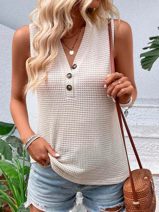 Loose V Neck Casual Buttoned Half Button Waffle Knit Tank Top  WW100