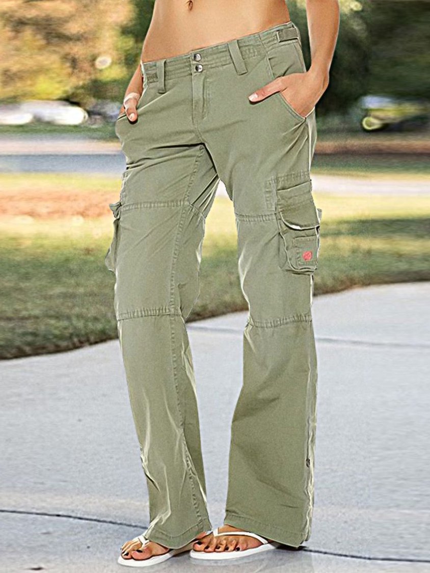 Plain Loose Casual Double Button Flap Pocket Low Rise Pants cc43